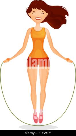 Glückliches Mädchen mit Springseil. Fitness, Sport Konzept. Cartoon Vector Illustration Stock Vektor