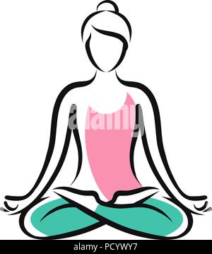 Mädchen sitzen im Lotussitz. Yoga, Fitness Logo oder Symbol. Vector Illustration Stock Vektor