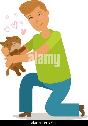 Pflege für Haustiere. Junge Mann hält eine niedliche streunende Kätzchen in seinen Händen. Cartoon Vector Illustration Stock Vektor