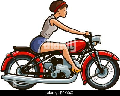 Retro Pin-up-Girl Reiten auf einem Motorrad. Cartoon Vector Illustration Stock Vektor