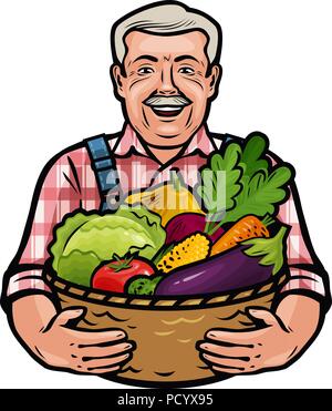 Gerne Bauer Holding einen Weidenkorb voll mit frischem Gemüse. Bauernhof, Landwirtschaft, Gartenbau Konzept. Cartoon Vector Illustration Stock Vektor