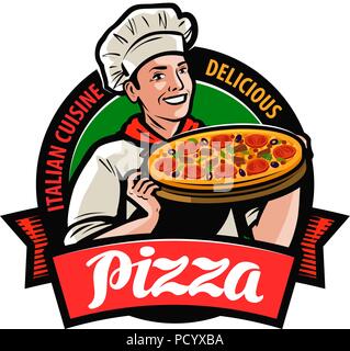 Happy Chef mit Pizza in der Hand. Pizzeria Logo oder Label. Cartoon Vector Illustration Stock Vektor