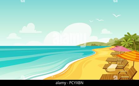 Meer, Strand und Liegestühle. Marine, Ferienhäuser Banner. Cartoon Vector Illustration Stock Vektor