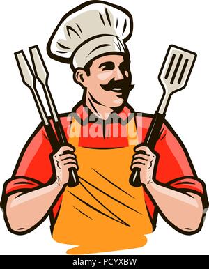 Koch oder Köchin gerne mit einem Grill Werkzeuge Zangen und Spachtel. Grill, Kebab zu essen. Cartoon Vector Illustration Stock Vektor