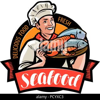 Meeresfrüchte Logo oder Label. Happy cook Holding ein Tablett mit Essen. Cartoon Vector Illustration Stock Vektor