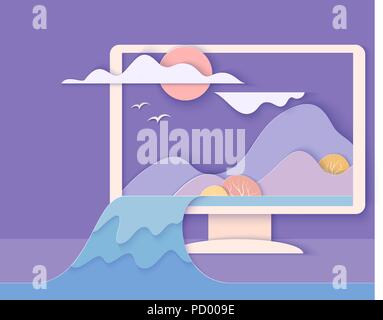 Bildschirm mit der Landschaft. Natur Ecologic Szene auf Monitor mit Bergen, Bäumen, Wasserfall. Papier schneiden Stil. Vector Illustration Stock Vektor