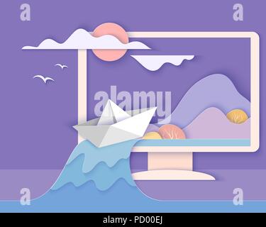 Bildschirm mit der Landschaft. Natur Ecologic Szene auf Monitor mit Bergen, Bäumen, Wasserfall und Papier Boot. Papier schneiden Stil. Vector Illustration Stock Vektor