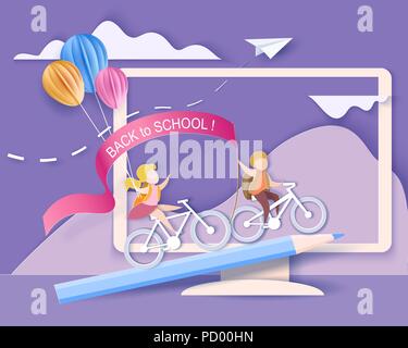 Zurück zu Schule 1. september Karte. Bildschirm mit Bergen, Bäumen, Wasserfall und Kinder Fahrradfahren mit Luftballons. Papier schneiden Stil. Vector Illustration Stock Vektor