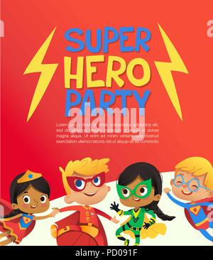 Freudige multirassischen Kinder in super hero Outfit und Ballons Gerne springen. Vector Illustration eines Super Hero Party Poster oder Einladung Flyer. Stock Vektor