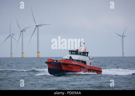 Die Crew transfer Schiff Njord Petrel arbeiten an der Walney Erweiterung Offshore-windpark, der Irischen See, Großbritannien Stockfoto