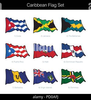 Karibik wehende Flagge gesetzt. Das Set beinhaltet die Fahnen von Kuba, Jamaika, den Bahamas, Puerto Rico, Haiti, Dominikanische Republik, Barbados, Britische Jungferninseln Stock Vektor