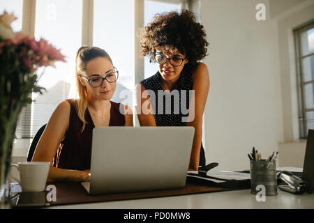 Porträt von zwei geschäftsfrauen am Laptop suchen und diskutieren neue Projekt im Amt. Junge Kollegen über die Arbeit im Büro. Stockfoto