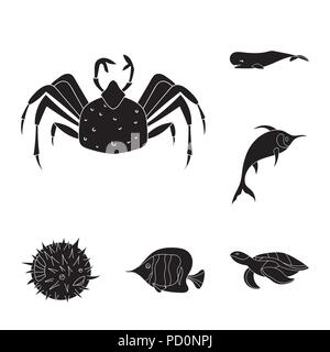 Eine Vielzahl von Meerestieren schwarze Symbole in der Sammlung für Design. Fisch und Schalentiere vektor Symbol lieferbar Abbildung. Stock Vektor