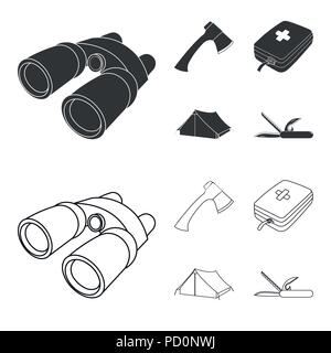 Ax, Erste Hilfe Kit, touristische Hütte, Taschenmesser. Camping set Sammlung Icons in Schwarz, Outline style Vektor Symbol lieferbar Abbildung. Stock Vektor