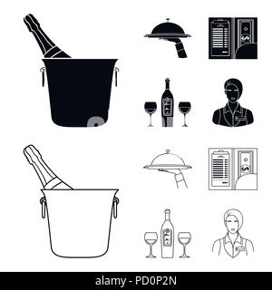 Ein Fach mit einem Tuch, Scheck und Bargeld, eine Flasche Wein und Gläser, eine Kellnerin mit ein Abzeichen. Restaurant Sammlung Icons in Schwarz, outline Style vec Stock Vektor