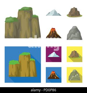 Schroffe Felsen, ein Vulkanausbruch, ein Berg mit einem Strand, einem Gletscher. Verschiedene berge Sammlung Icons im Cartoon, flacher Stil vektor Symbol st Stock Vektor