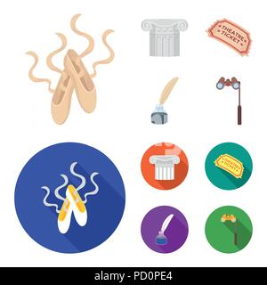 Spitzenschuhe, Spalte, Theater Ticket, tintenfass mit Feder. Theater Sammlung Icons im Cartoon, flacher Stil vektor Symbol lieferbar Abbildung. Stock Vektor