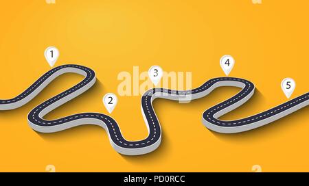 3D-gewundenen Straße auf einen farbigen Hintergrund. Straße Ort Infografik Vorlage mit Pin-Zeiger. Vector EPS 10. Stock Vektor