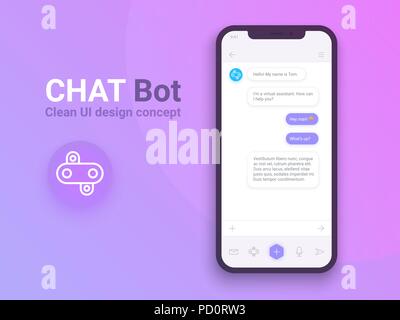 Clean Mobile UI Design Konzept. Trendy Chatbot Anwendung mit Dialog Fenster. Sms Messenger. Vector EPS 10. Stock Vektor