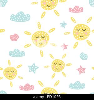Kindisch nahtlose Muster mit niedlichen Sonne. Kreative Textur für Fabric Stock Vektor