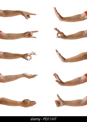 Beschneidungspfad der Hände isoliert: Mehrere weibliche Hand Geste Isolation auf weißem Hintergrund. Einfach für Arbeit zu verwenden. Stockfoto