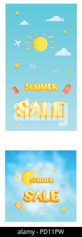 Summer Sale Karte für Social Media Netzwerken. Sommer Vorlage für Ad mit hellen Dekoration. Vector Illustration. Stock Vektor