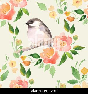 Aquarell floral background mit einem niedlichen Vogel. Nahtlose Muster 10. Stockfoto