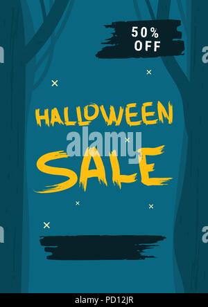 Halloween Verkauf Poster mit Bäumen Dekoration. Happy Halloween dunkle vertikale Karte. Für Urlaub design Vorlage. Vector Illustration. Stock Vektor