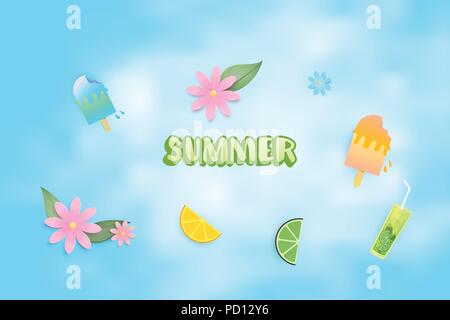 Sommer clip art. Handschriftliche Beschriftung mit Eis, Getränke, Blumen und andere Objekte auf dem Himmel Hintergrund isoliert. Vector Illustration. Stock Vektor