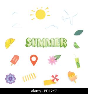 Sommer clip art. Handschriftliche Beschriftung mit Sonne, Wolken, Flugzeug, Speiseeis und anderen Sommer Artikel auf weißem Hintergrund. Vektor illustratio Stock Vektor