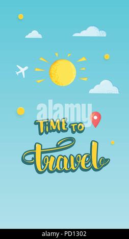 Zeit Komposition für Social Media Netzwerken zu reisen. Handschriftliche Beschriftung mit Dekoration. Vertikale Vorlage für Sommer Design. Vector Illustration Stock Vektor