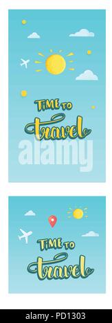 Einstellen der Zeit Kompositionen für Social Media Netzwerken zu reisen. Handschriftliche Beschriftung mit Dekoration. Für den Sommer design Vorlage. Vector Illustration. Stock Vektor