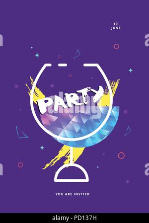 Party Banner mit Weinglas Form. Vertikale Flyer für Urlaub Design mit Glanz und geometrischen dekorative Elemente. Karte für Social Media Einladung. P Stock Vektor