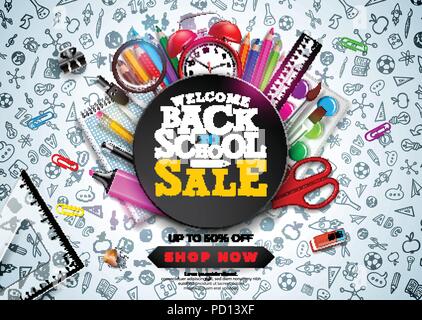 Zurück zu Schule Verkauf Design mit bunten Bleistift, Wecker und andere Schule Produkte auf der Hand gezeichnet Doodles Hintergrund. Vektor Schule Abbildung mit Typografie für Coupon, Gutschein, Banner, Flyer, Werbemittel, Poster oder Grußkarte. Stock Vektor