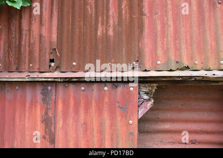 Rost Wellplatten auf dem Bauernhof Gebäude im Hintergrund Stockfoto