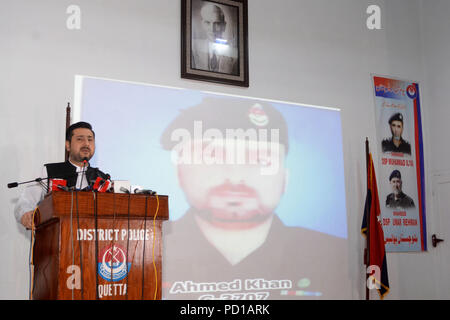 Quetta, Pakistan. August 04 2018: Chief Minister Balochistan Herrn Allah Ud Din Marri Adressierung an ein Ereignis hinsichtlich der Nationalen Polizei Tag bei der Polizei in Quetta. Stockfoto