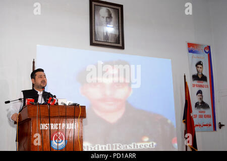 Quetta, Pakistan. August 04 2018: Chief Minister Balochistan Herrn Allah Ud Din Marri Adressierung an ein Ereignis hinsichtlich der Nationalen Polizei Tag bei der Polizei in Quetta. Stockfoto