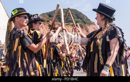 Sidmouth, Großbritannien. 5. August 2018. Die Sidmouth Folk Week wird politisch, da Morris-Tänzer ihre Brexit-Farben zeigen. Stockfoto