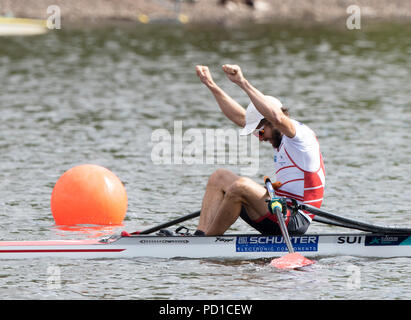 Glasgow, Schottland, Sonntag, 5. August 2018, Final ist leicht, Männer single Sculls, Goldmedallist, SUI LM 1X, Michael Schmid, europäische Spiele, Rudern, Strathclyde Park, North Lanarkshire, © Peter SPURRIER/Alamy leben Nachrichten Stockfoto