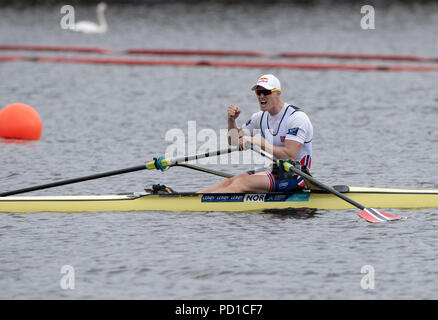 Glasgow, Schottland, Sonntag, 5. August 2018, Finale Herren Einzel Sculls, Goldmedallist, NOCH M1X, Kjetil BORCH, europäische Spiele, Rudern, Strathclyde Park, North Lanarkshire, © Peter SPURRIER/Alamy leben Nachrichten Stockfoto