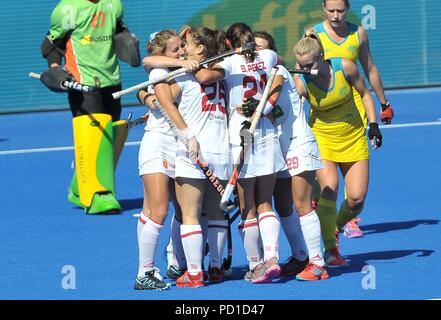 London, Großbritannien. 05 Aug, 2018. Die spanische feiern ihr drittes Ziel. Australien V Spanien. Match 35. Kampf um Bronze. Hockey der Frauen-WM 2018. Lee Valley Hockey Centre. Queen Elizabeth Olympic Park. Stratford. London. UK. 05.08.2018. Credit: Sport in Bildern/Alamy leben Nachrichten Stockfoto