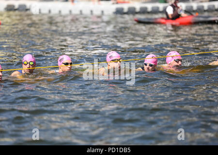 ExCel London, UK, 5. August 2018. Der Start der Männer schwimmen. Die Männer und Frauen Elite Rennen gewinnen ein erstklassiges Feld der internationalen Athleten. Jetzt in seinem 22. Jahr, die AJ Bell London Triathlon ist der weltweit größte Triathlon, dieses Jahr erfreut über 10.000 Triathleten und Elite Racers. Die Athleten schwimmen, Radfahren und um die spektakuläre Route in East London in beiden Sprint- und Olympische Distanz Kategorien laufen. Credit: Imageplotter Nachrichten und Sport/Alamy Live News Credit: Imageplotter Nachrichten und Sport/Alamy leben Nachrichten Stockfoto