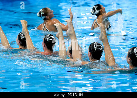 Glasgow, UK. 5. August 2018. Europäische Meisterschaften Synchronschwimmen Scotstoun. Kombination sich Routine von der Ukraine gewonnen. Bilder von Griechenland Routine, die gezählt 5. Kredit Alan Oliver/Alamy leben Nachrichten Stockfoto