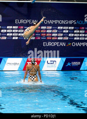 Glasgow, UK. 5. August 2018. Europäische Meisterschaften Synchronschwimmen Scotstoun. Kombination sich Routine von der Ukraine gewonnen. Bilder von Griechenland Routine, die gezählt 5. Kredit Alan Oliver/Alamy leben Nachrichten Stockfoto