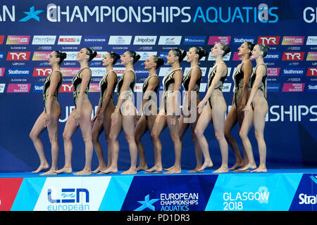 Glasgow, UK. 5. August 2018. Europäische Meisterschaften Synchronschwimmen Scotstoun. Kombination sich Routine von der Ukraine gewonnen. Bilder sind von Israeli, 8. beendete. Kredit Alan Oliver/Alamy leben Nachrichten Stockfoto