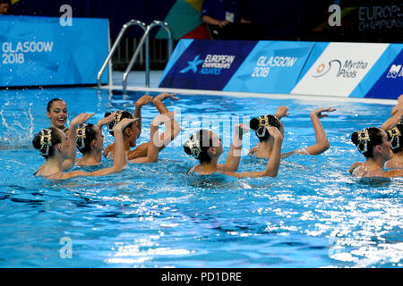 Glasgow, UK. 5. August 2018. Europäische Meisterschaften Synchronschwimmen Scotstoun. Kombination sich Routine von der Ukraine gewonnen. Bilder sind von Israeli, 8. beendete. Kredit Alan Oliver/Alamy leben Nachrichten Stockfoto