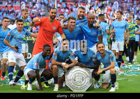 Wembley Stadion, London, UK. 5 Aug, 2018. FA Community Shield, Chelsea gegen Manchester City, Manchester City Spieler feiern das Gewinnen der Charity Shield Credit: Aktion plus Sport/Alamy leben Nachrichten Stockfoto