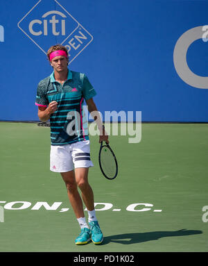 August 5, 2018: Alexander Zverev feiert einen Punkt im Finale der Citi Open Tennis Spiel in Rock Creek Park in Washington DC. Justin Cooper/CSM Stockfoto