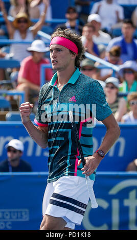 August 5, 2018: Alexander Zverev feiert einen Punkt im Finale der Citi Open Tennis Spiel in Rock Creek Park in Washington DC. Justin Cooper/CSM Stockfoto