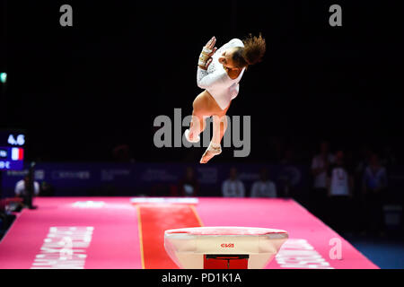 DEVILLARD Coline (FRA) konkurriert auf dem Vault in Women's Gymnastics Gerätefinale bei den Europameisterschaften 2018 in Glasgow an der SSE Hydro am Sonntag, den 05. August 2018. GLASGOW SCHOTTLAND. Credit: Taka G Wu Stockfoto